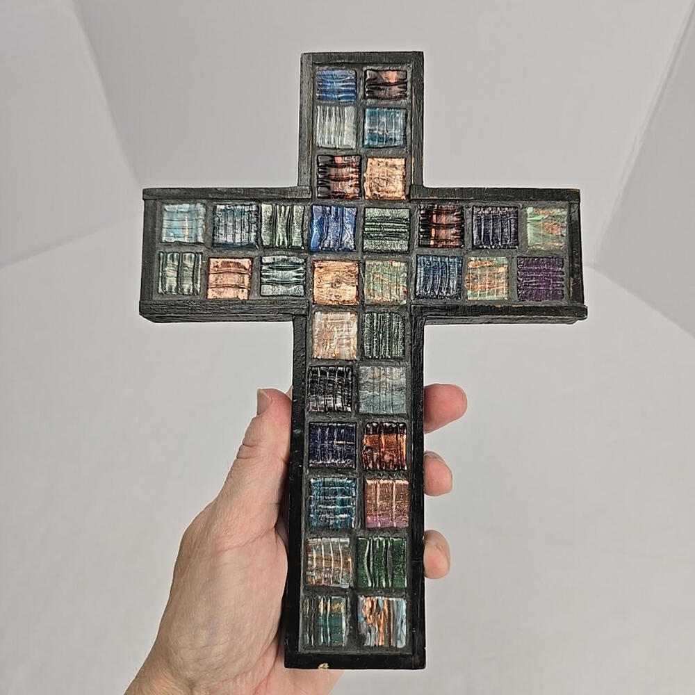 Hand Crafted Wall Mosaic Tille Cross on Wood Backing 9"x7" Signed Glitter Resin